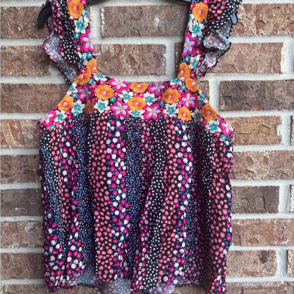 Savanna Jane Black Floral Embroidered Tank with Pink & Blue Accents